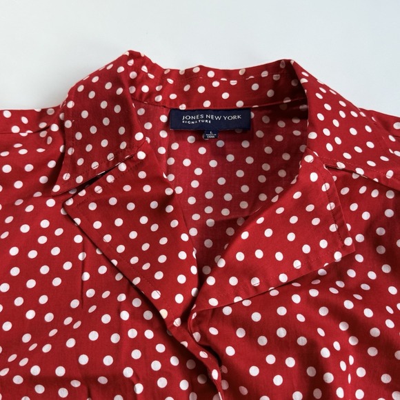 Jones New York Oxford Top Women L 12 14 Red White Polka Dot Peplum Long Sleeve - Picture 3 of 8